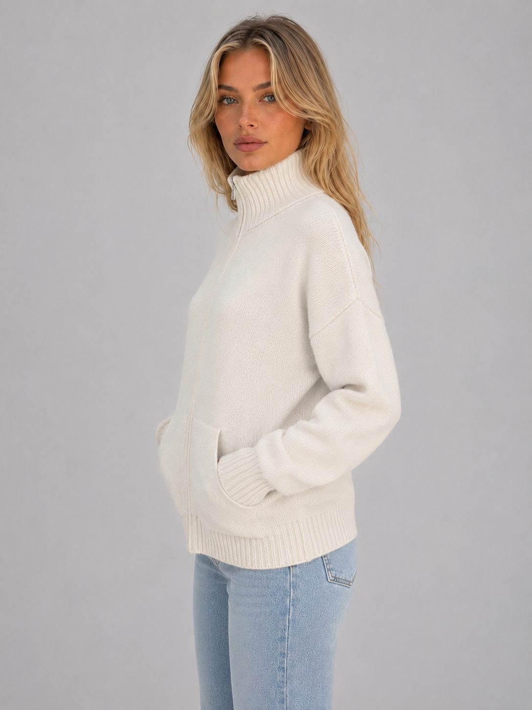 GRACEN | ZIP-UP FUNNEL NECK KNIT CARDIGAN - Cream