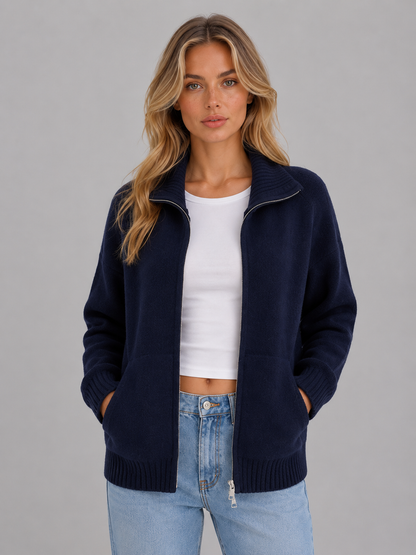 GRACEN | ZIP-UP FUNNEL NECK KNIT CARDIGAN - Navy