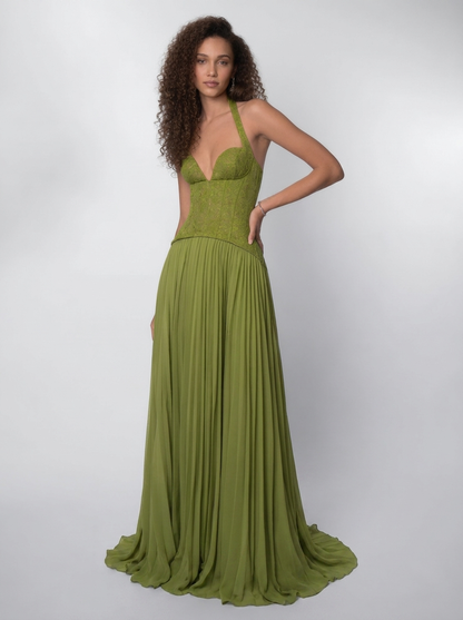 GRAZIA | HALTER LACE MAXI DRESS - Sage Green