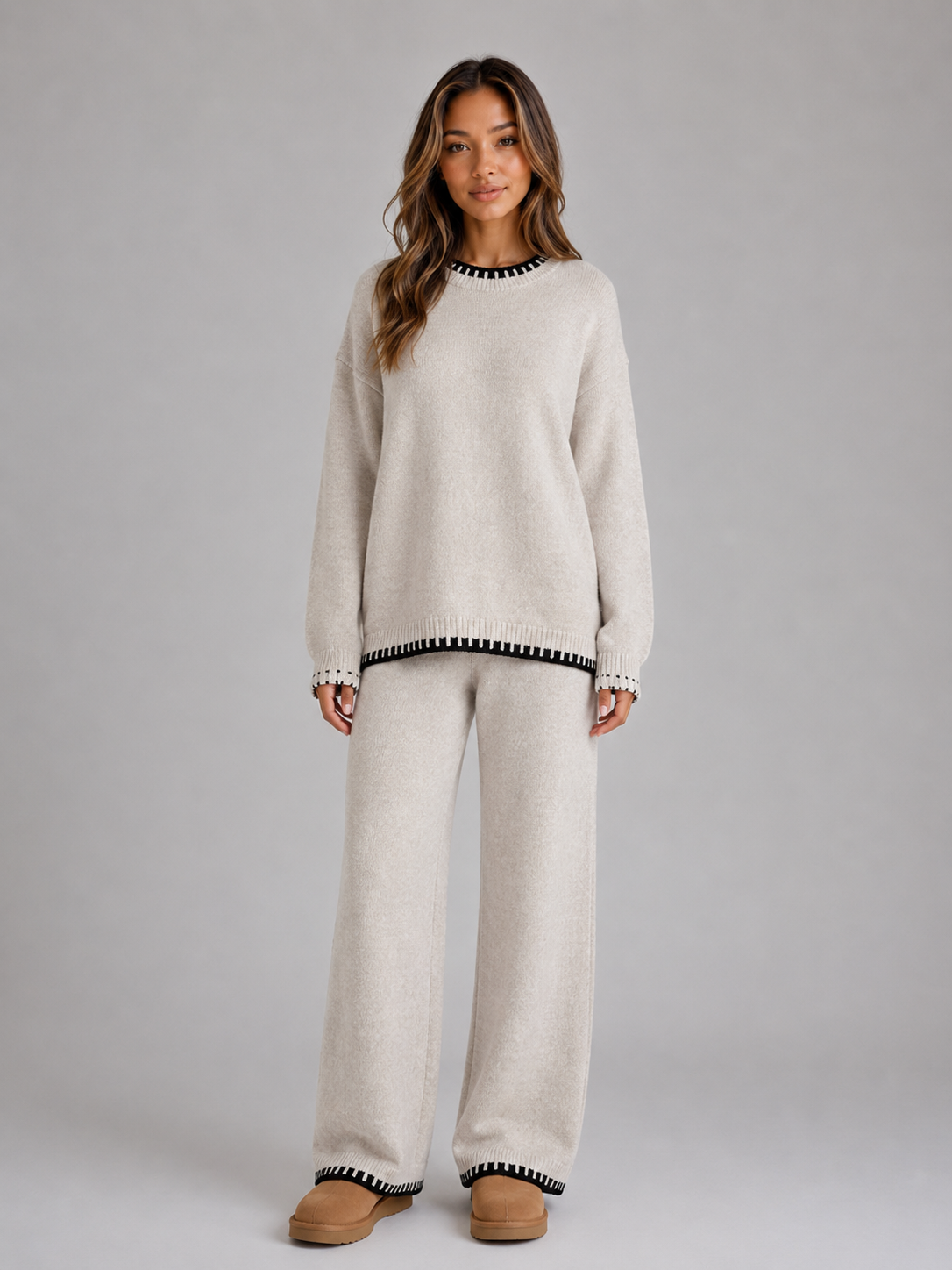 GRETCHEN | CONTRAST TRIM SWEATER TROUSER SET - Beige