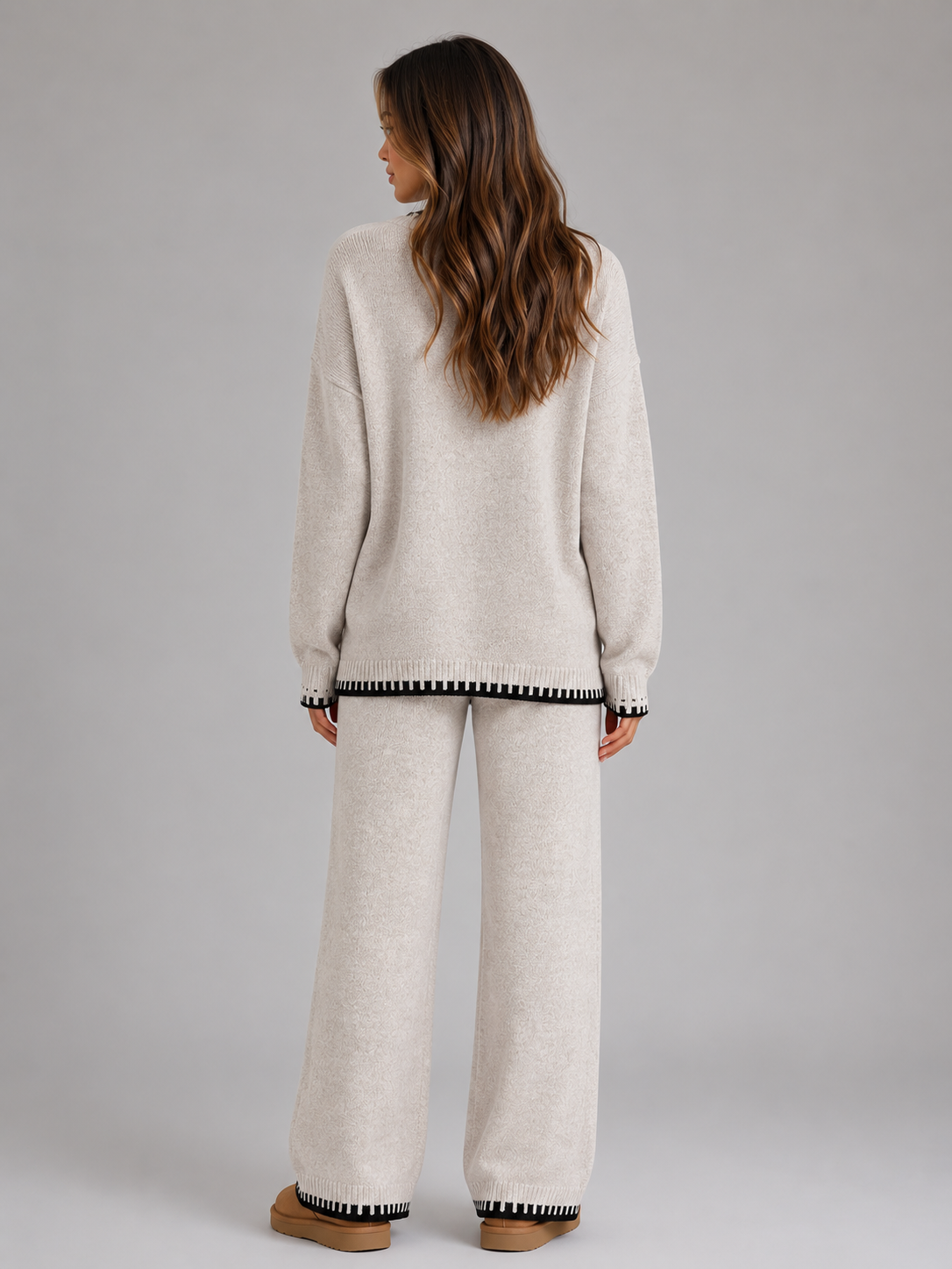 GRETCHEN | CONTRAST TRIM SWEATER TROUSER SET - Beige