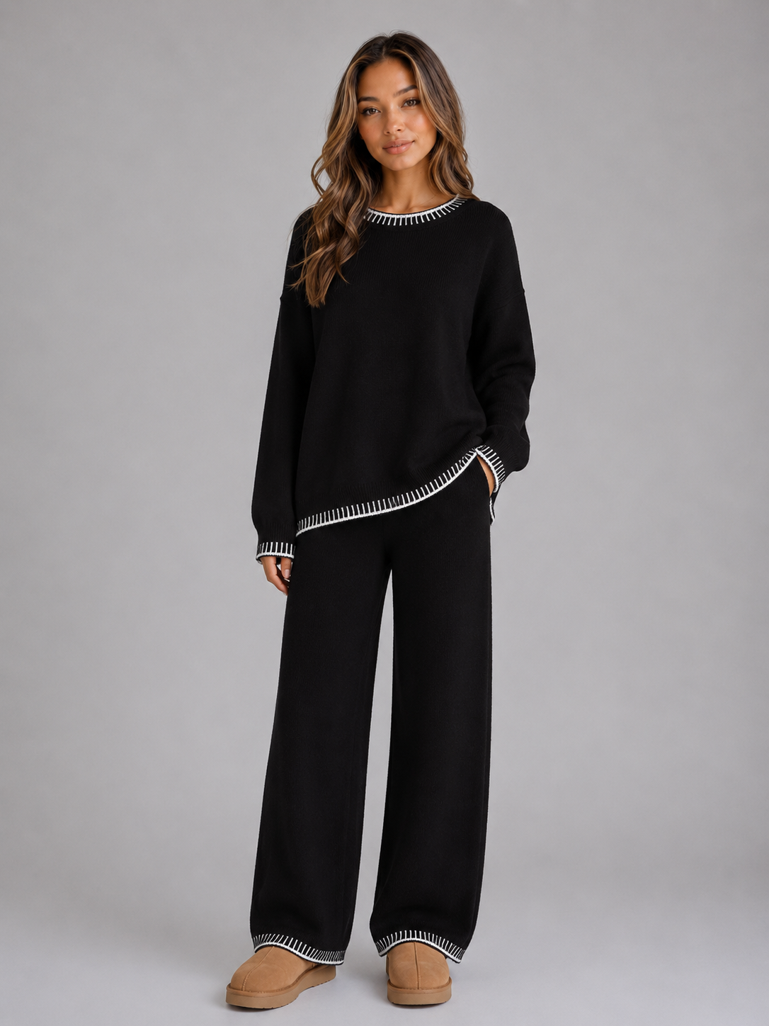 GRETCHEN | CONTRAST TRIM SWEATER TROUSER SET - Black
