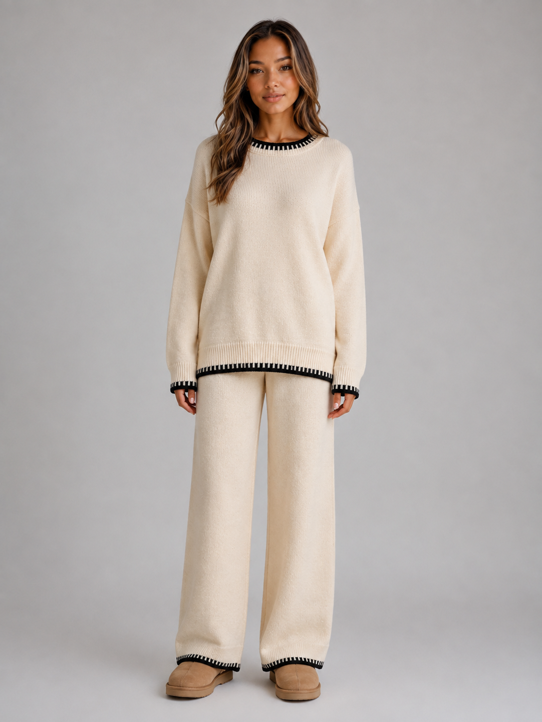 GRETCHEN | CONTRAST TRIM SWEATER TROUSER SET - Cream