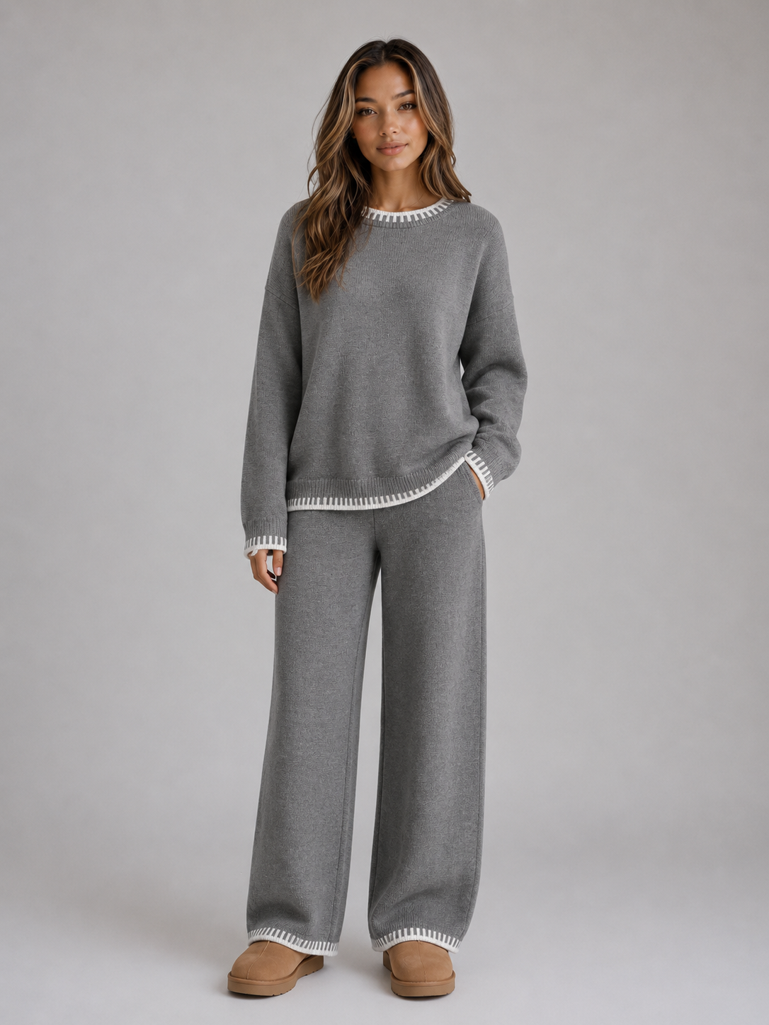 GRETCHEN | CONTRAST TRIM SWEATER TROUSER SET - Gray