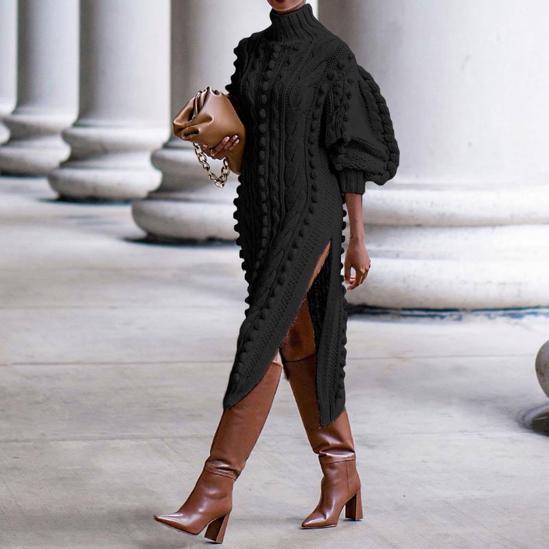 GWENDOLEN | CABLE KNIT HIGH NECK MIDI DRESS - Black