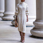 GWENDOLEN | CABLE KNIT HIGH NECK MIDI DRESS - Ivory