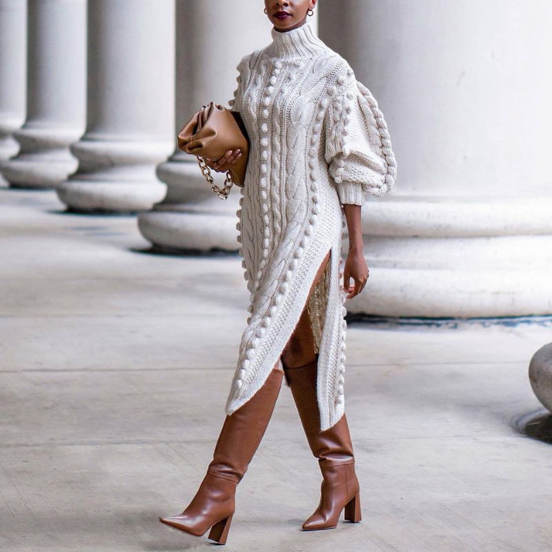 GWENDOLEN | CABLE KNIT HIGH NECK MIDI DRESS - Ivory