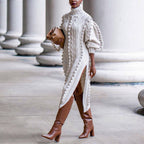 GWENDOLEN | CABLE KNIT HIGH NECK MIDI DRESS - Ivory