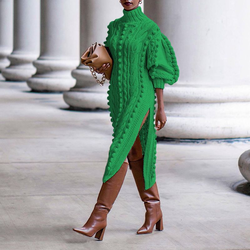 GWENDOLEN | CABLE KNIT HIGH NECK MIDI DRESS - Kelly Green