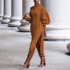 GWENDOLEN | CABLE KNIT HIGH NECK MIDI DRESS - Rust Brown