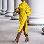 GWENDOLEN | CABLE KNIT HIGH NECK MIDI DRESS - Yellow