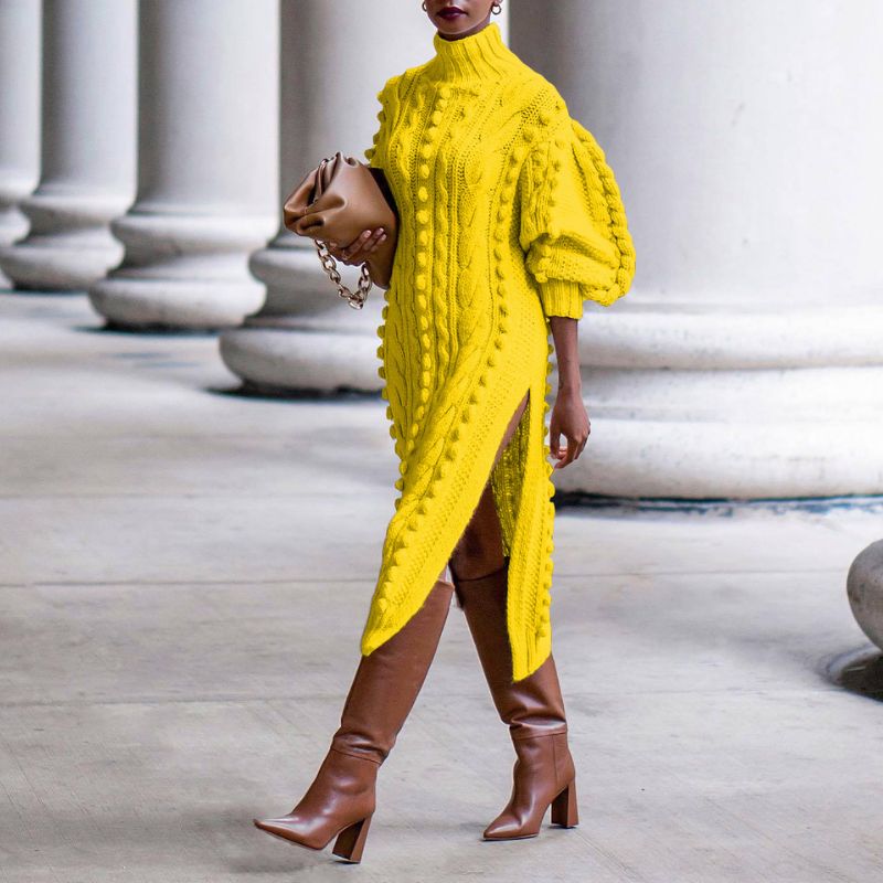 GWENDOLEN | CABLE KNIT HIGH NECK MIDI DRESS - Yellow