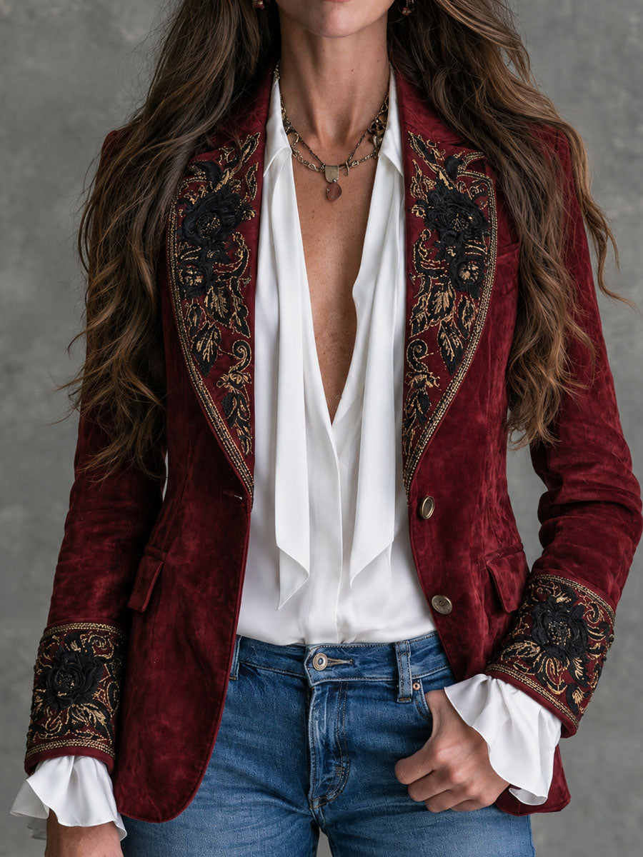GWENNA | FLORAL EMBROIDERED BLAZER - Burgundy
