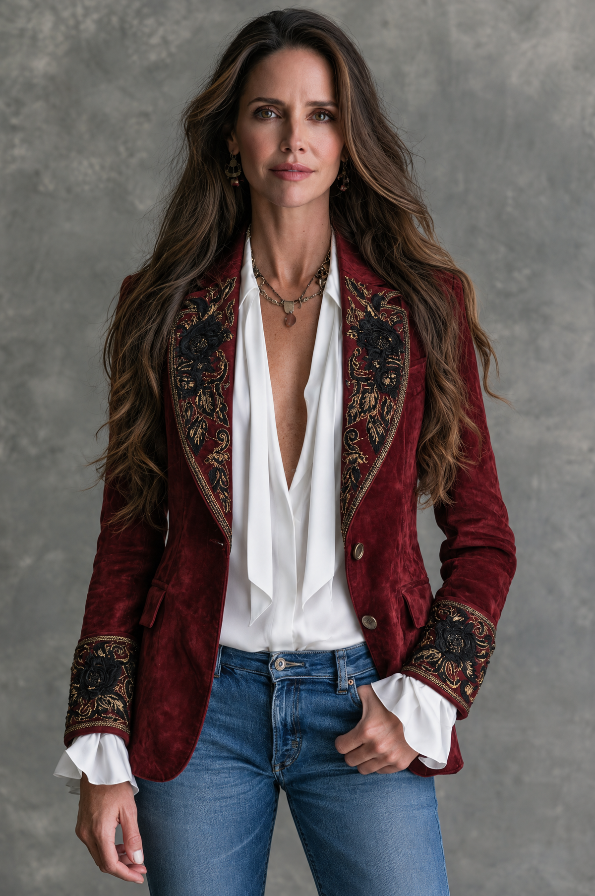 GWENNA | FLORAL EMBROIDERED BLAZER - Burgundy