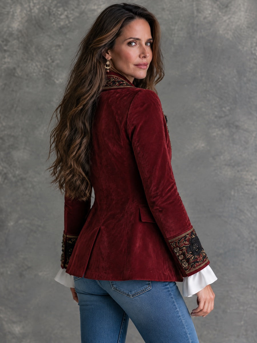 GWENNA | FLORAL EMBROIDERED BLAZER - Burgundy