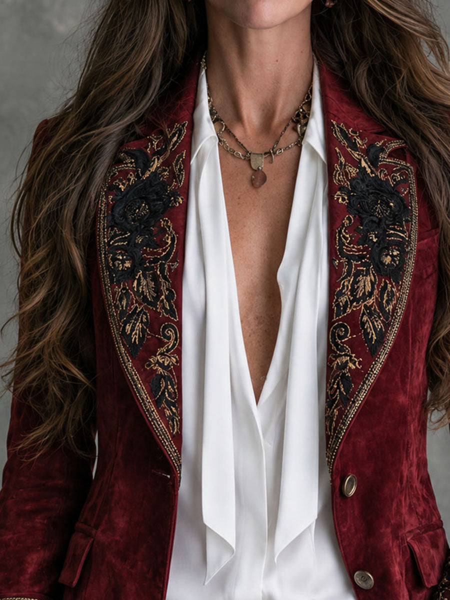 GWENNA | FLORAL EMBROIDERED BLAZER - Burgundy