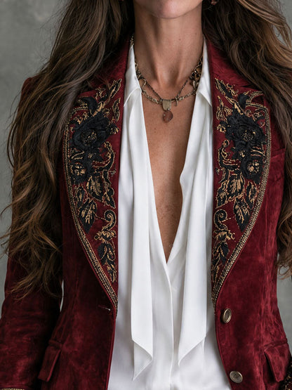 GWENNA | FLORAL EMBROIDERED BLAZER - Burgundy