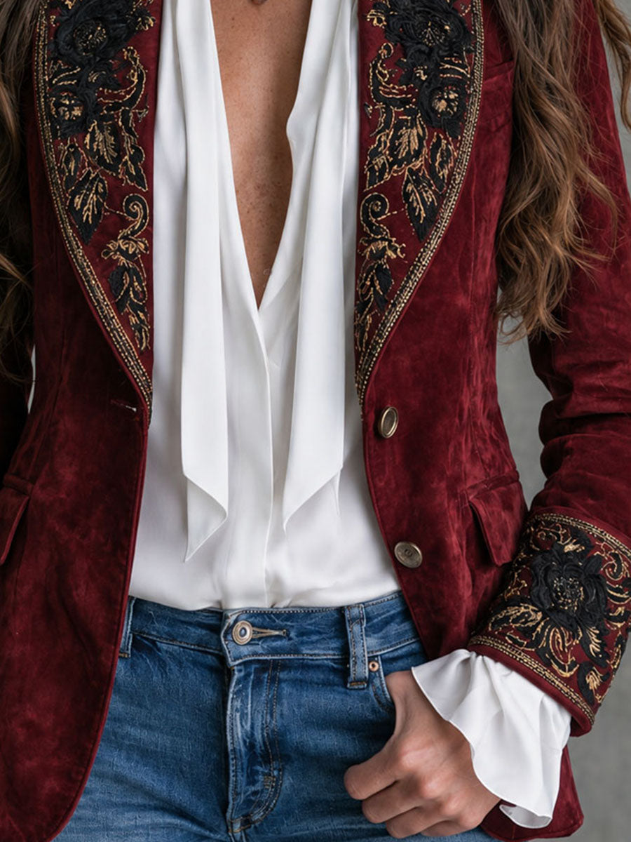 GWENNA | FLORAL EMBROIDERED BLAZER - Burgundy
