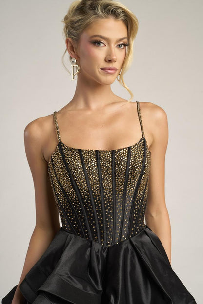 GWYNETH | TIERED RUFFLE GOWN - Black and Gold