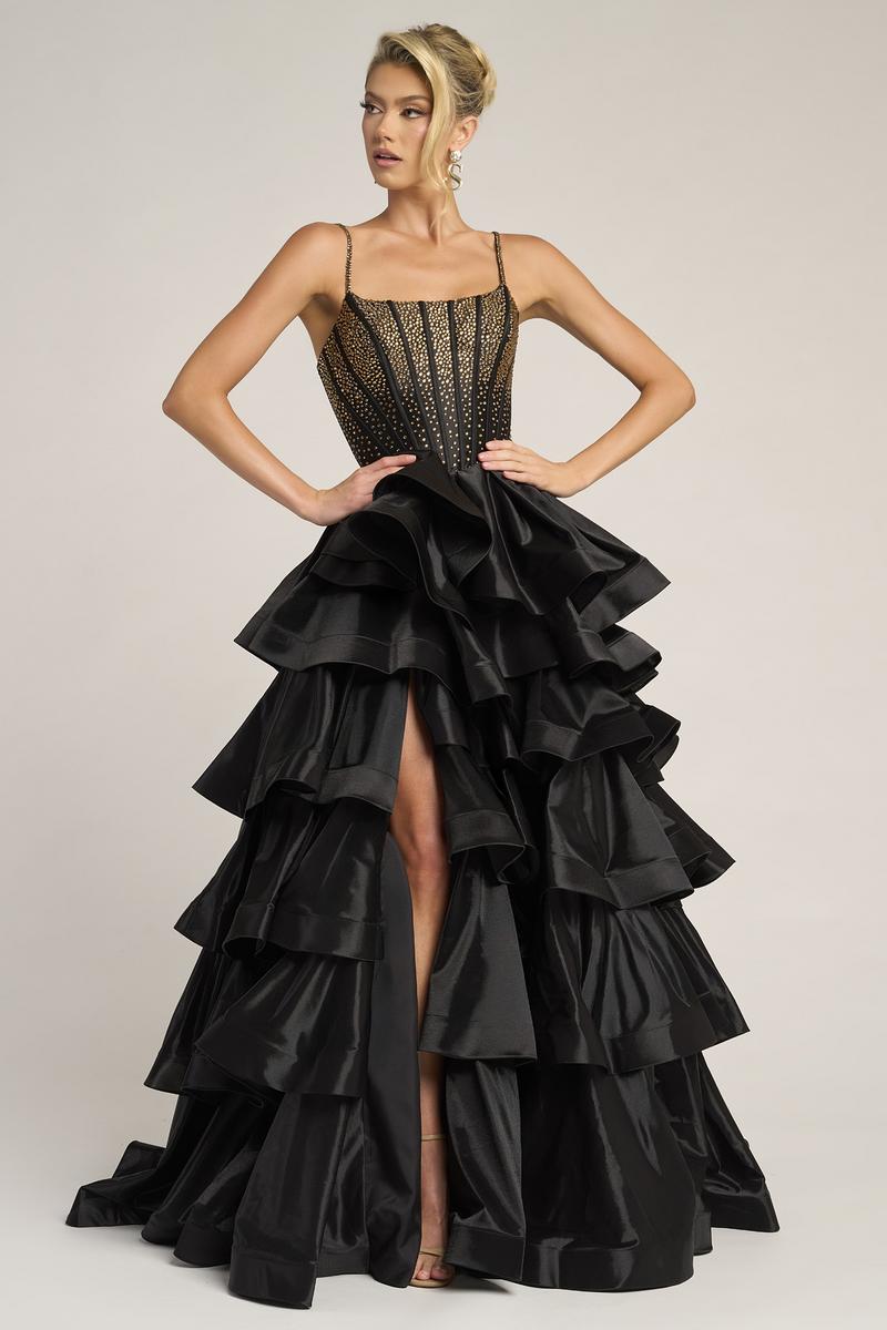 GWYNETH | TIERED RUFFLE GOWN - Black and Gold