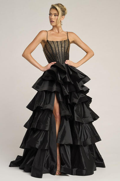 GWYNETH | TIERED RUFFLE GOWN - Black and Gold