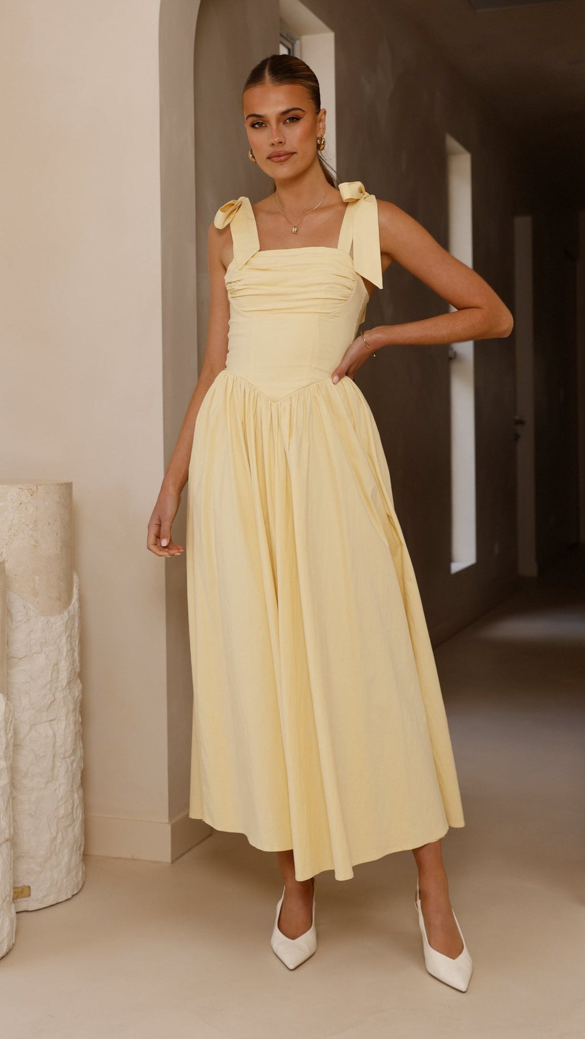 HAISLEY | TIE STRAP MIDI DRESS - Butter Yellow