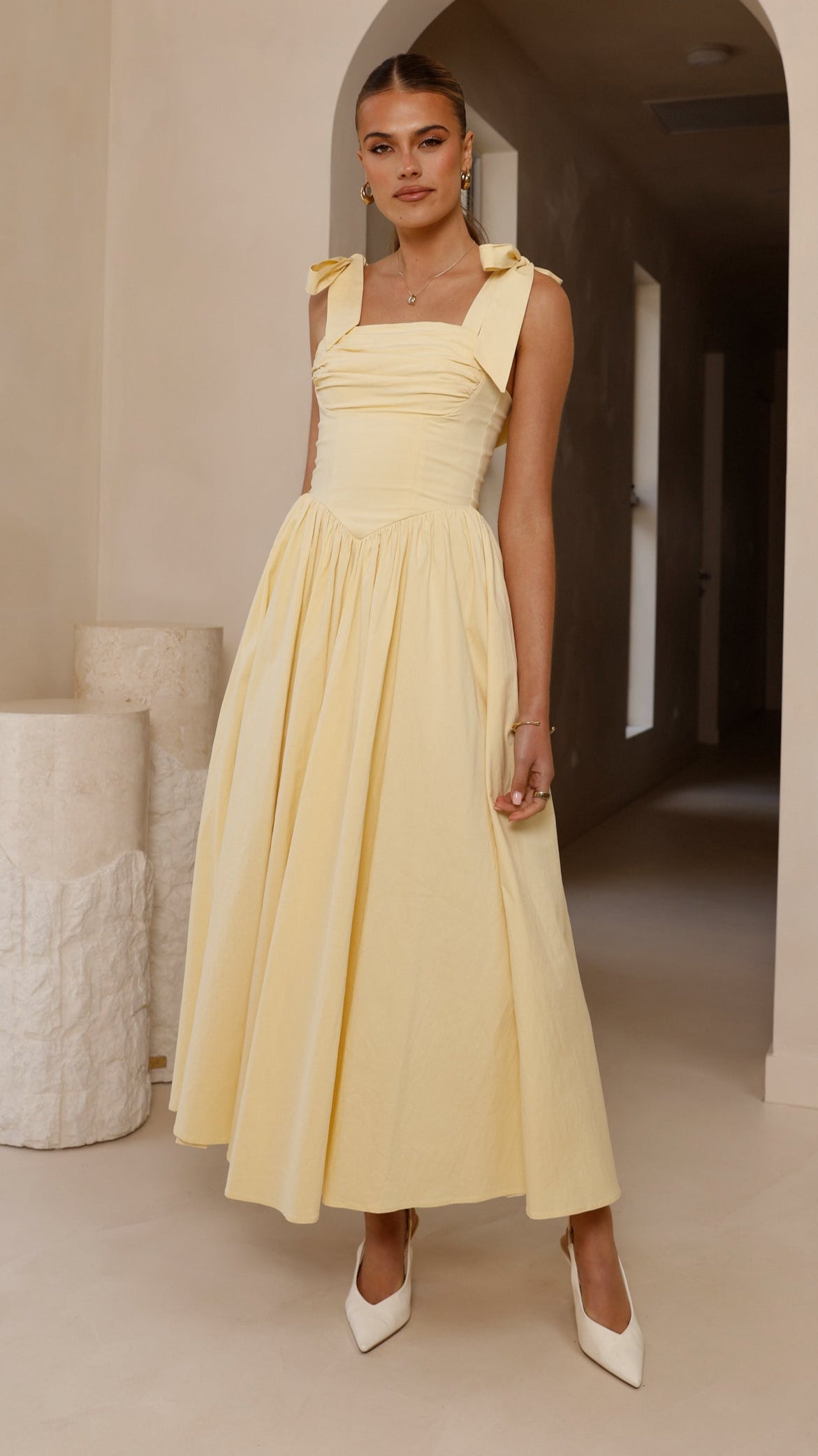 HAISLEY | TIE STRAP MIDI DRESS - Butter Yellow