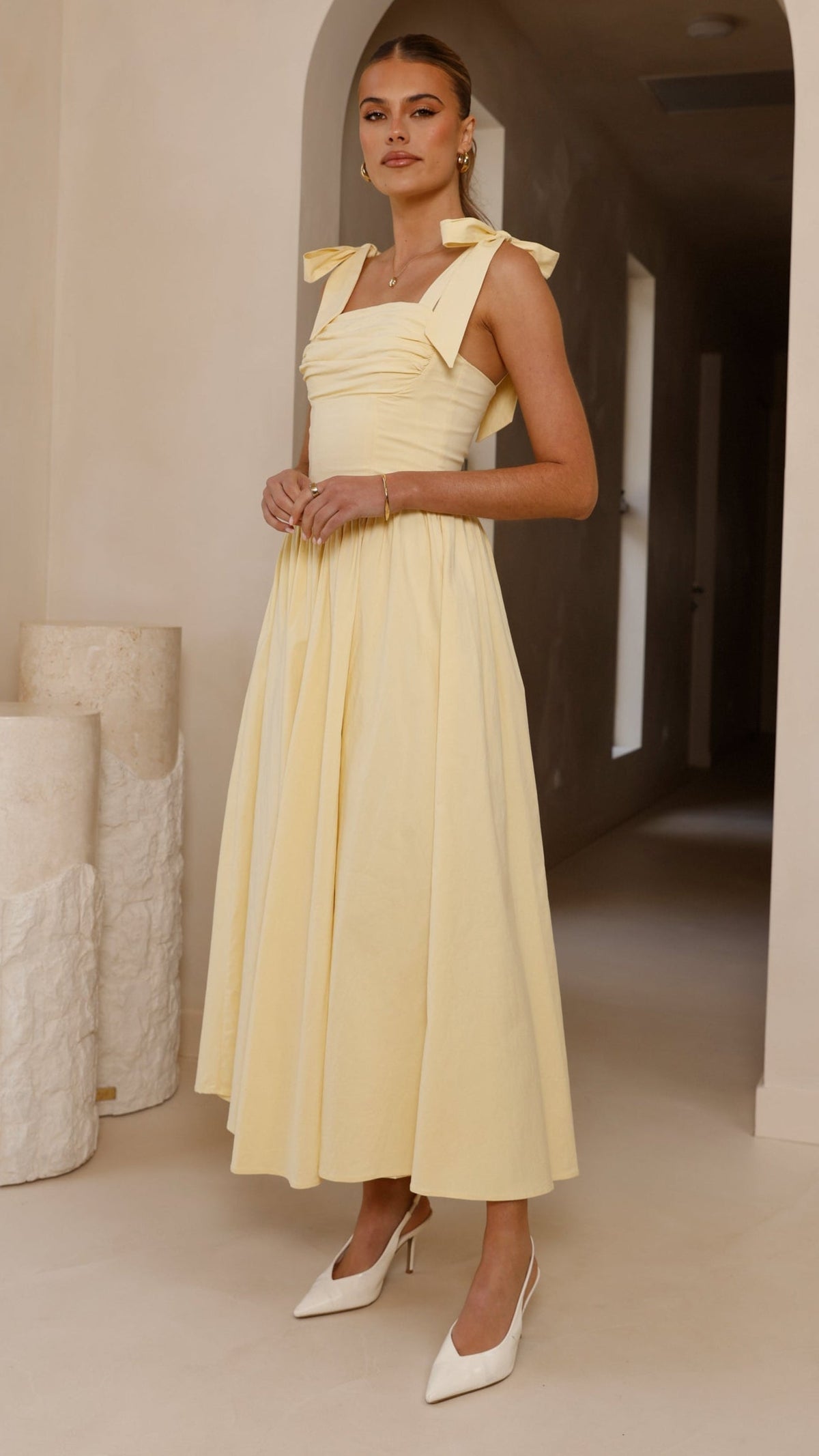 HAISLEY | TIE STRAP MIDI DRESS - Butter Yellow