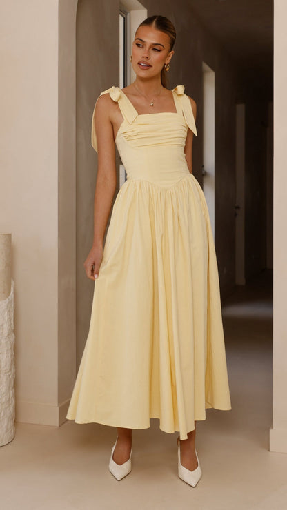 HAISLEY | TIE STRAP MIDI DRESS - Butter Yellow