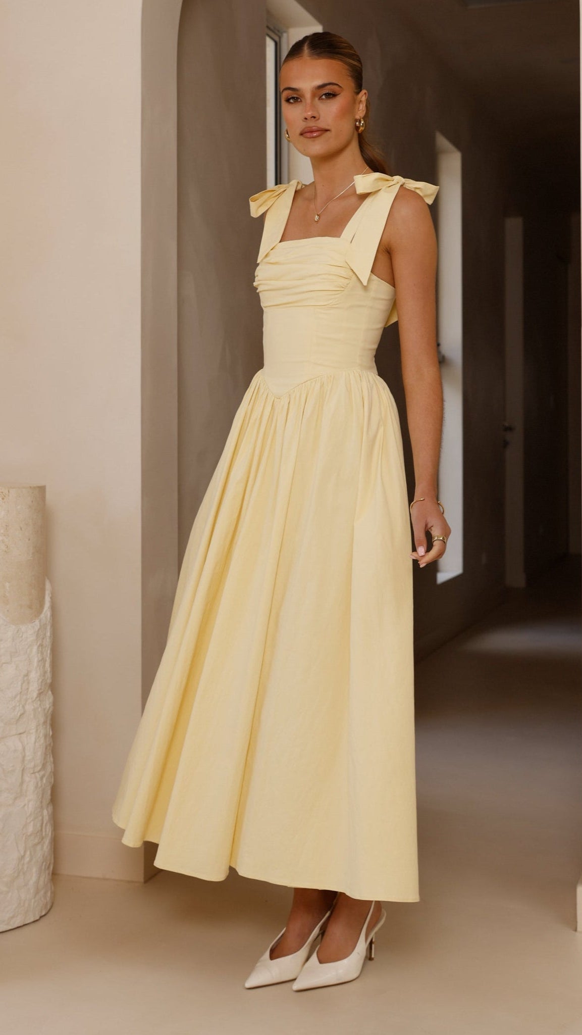 HAISLEY | TIE STRAP MIDI DRESS - Butter Yellow