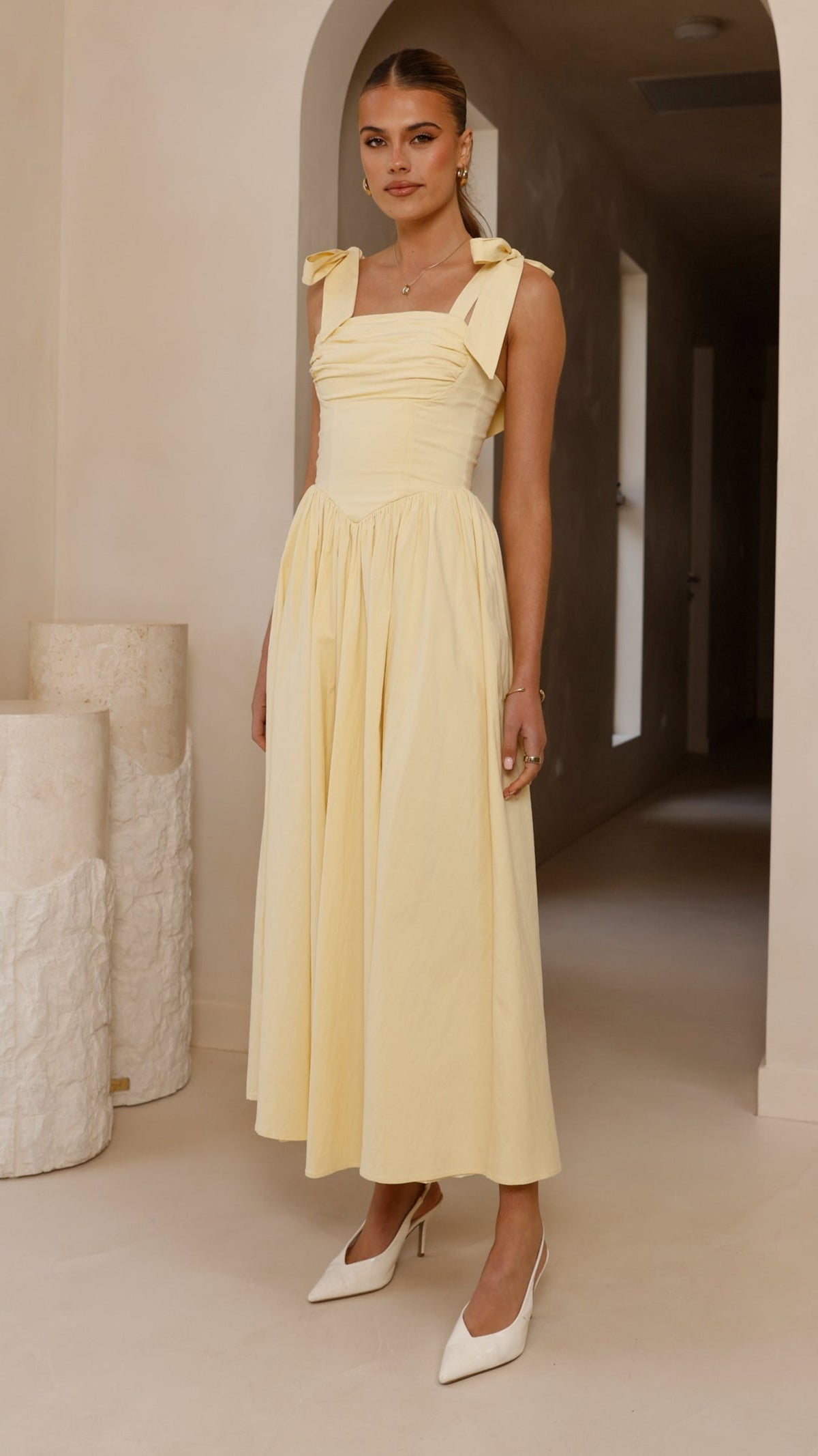 HAISLEY | TIE STRAP MIDI DRESS - Butter Yellow