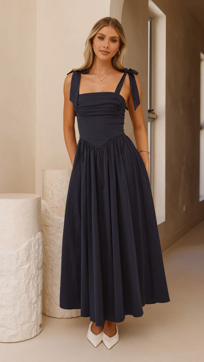 HAISLEY | TIE STRAP MIDI DRESS - Navy