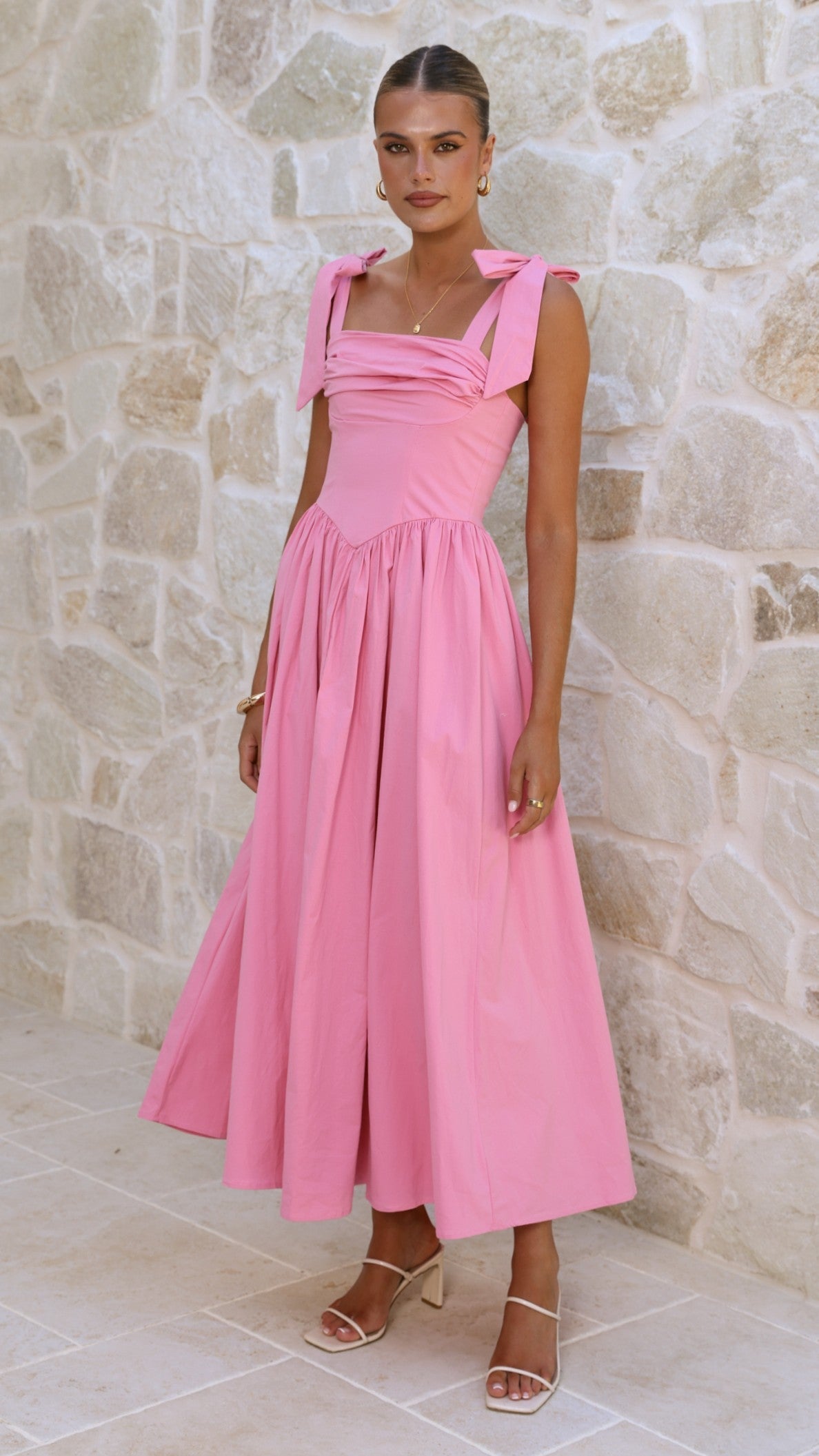 HAISLEY | TIE STRAP MIDI DRESS - Pink