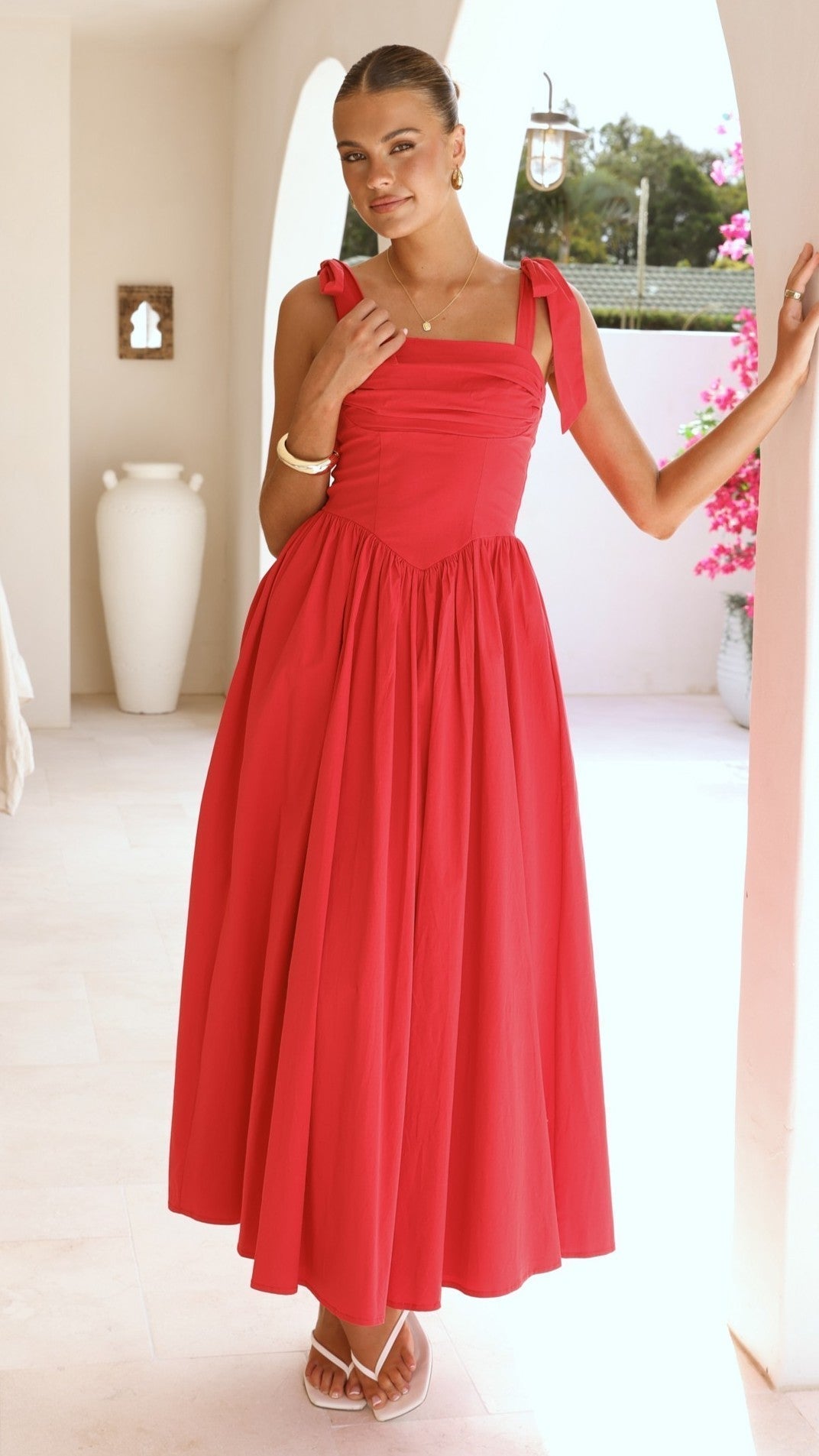 HAISLEY | TIE STRAP MIDI DRESS - Red
