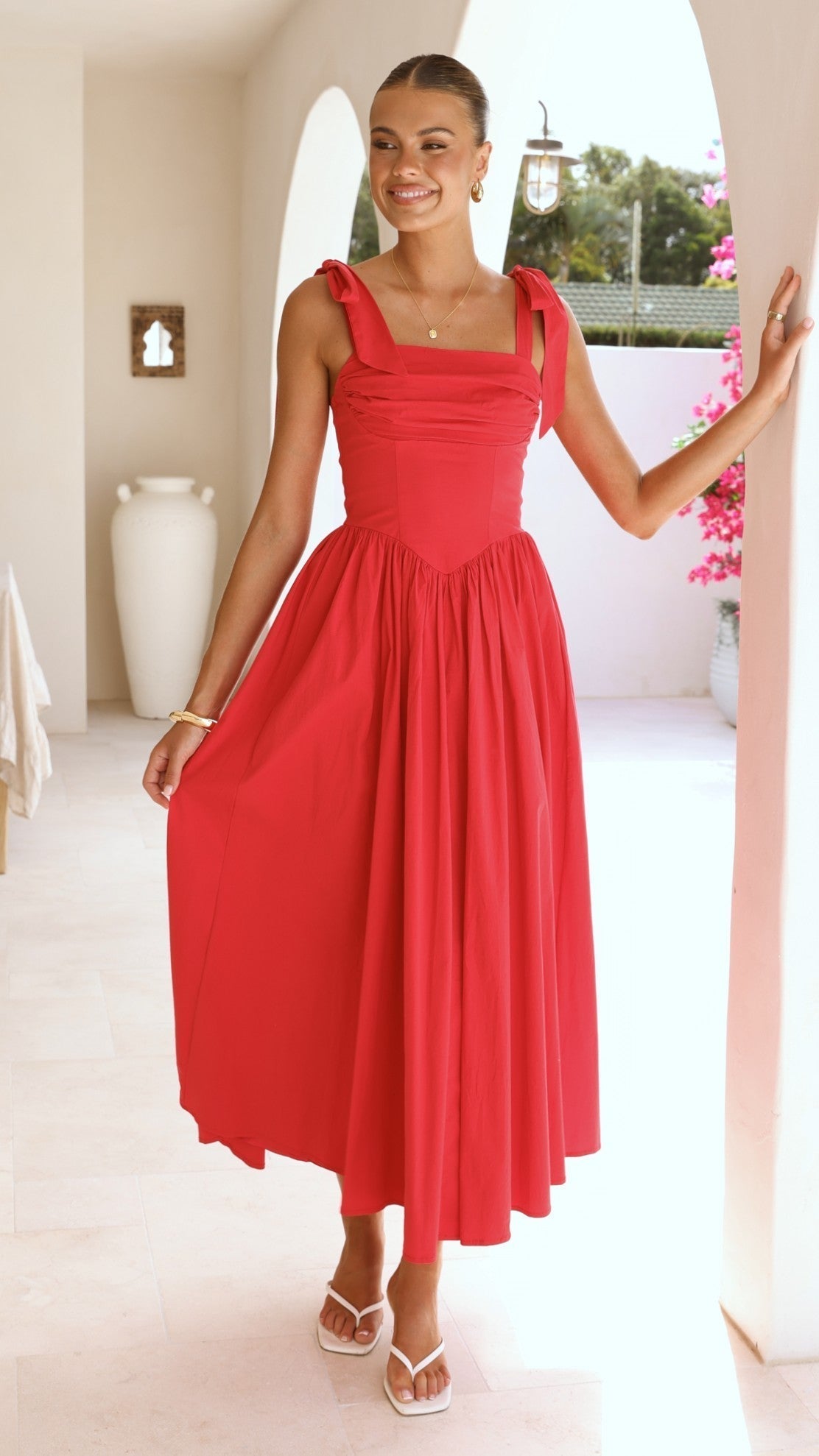 HAISLEY | TIE STRAP MIDI DRESS - Red