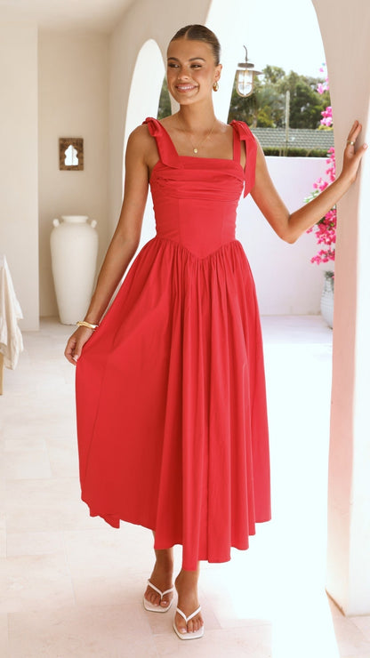 HAISLEY | TIE STRAP MIDI DRESS - Red