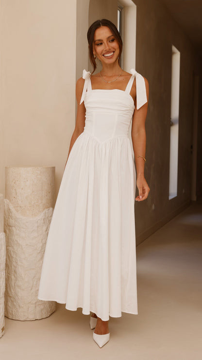 HAISLEY | TIE STRAP MIDI DRESS - White