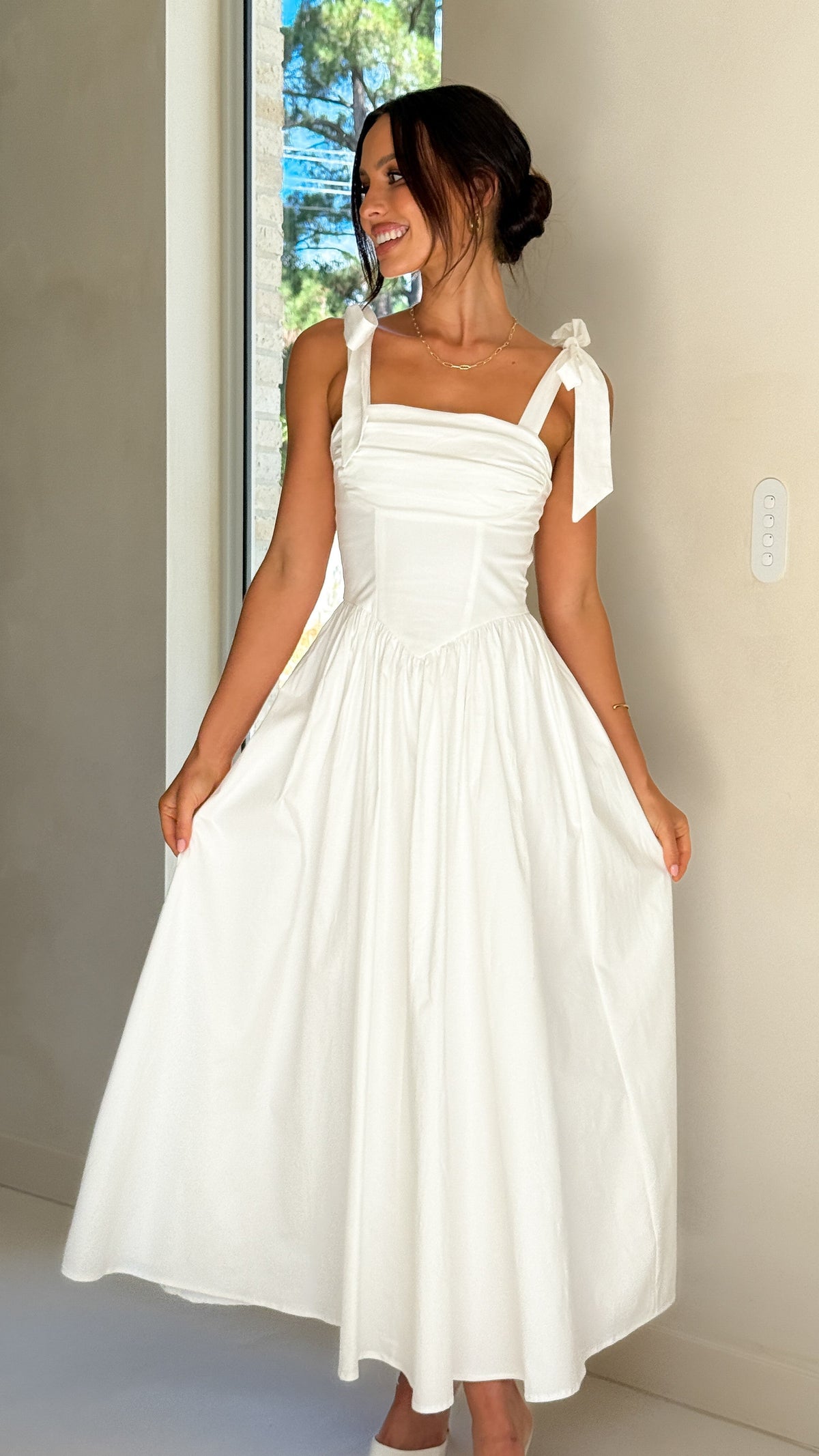 HAISLEY | TIE STRAP MIDI DRESS - White