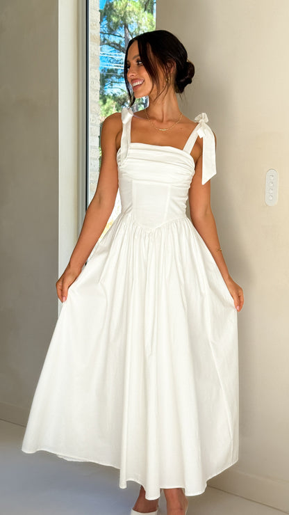 HAISLEY | TIE STRAP MIDI DRESS - White