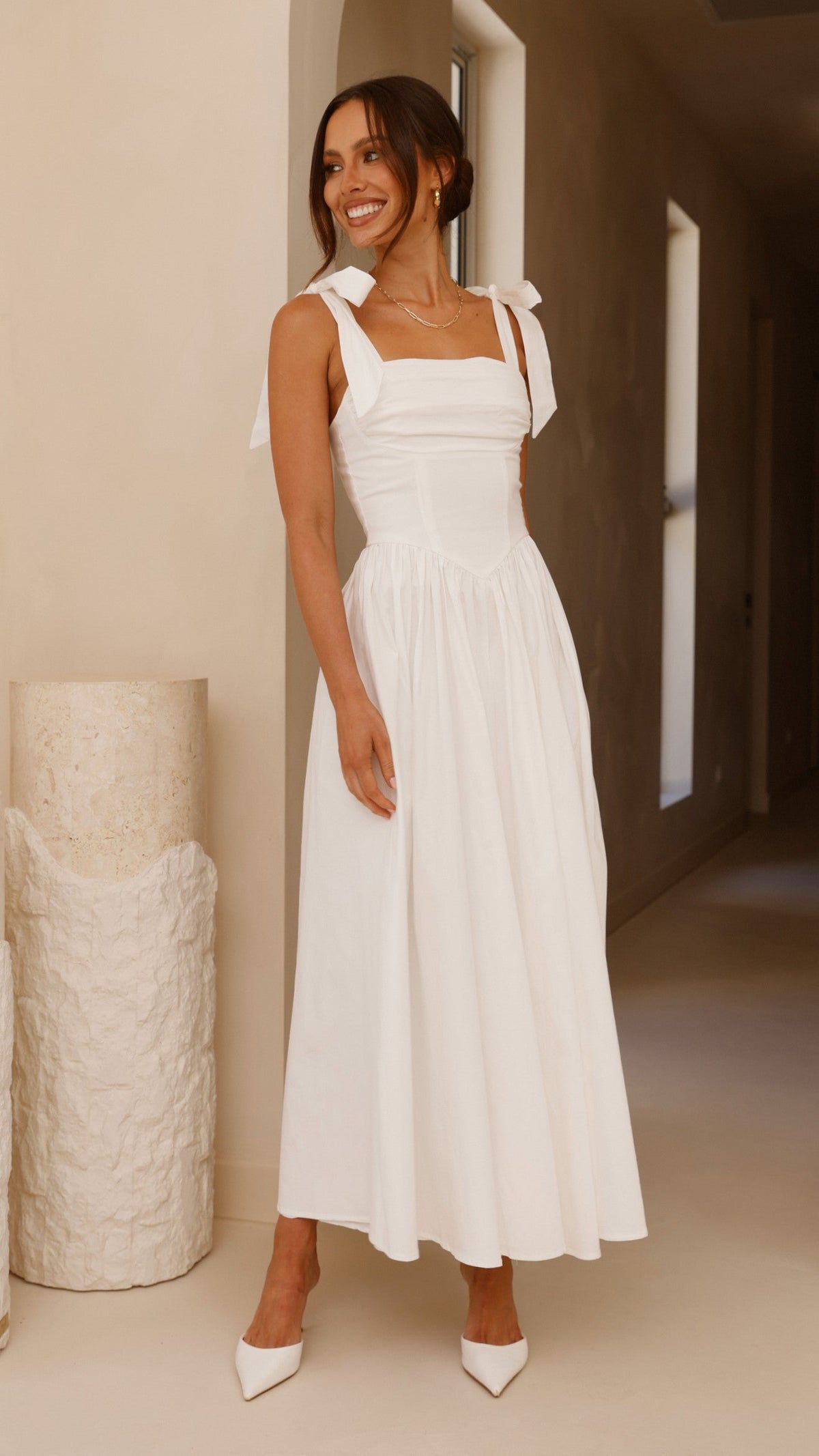 HAISLEY | TIE STRAP MIDI DRESS - White