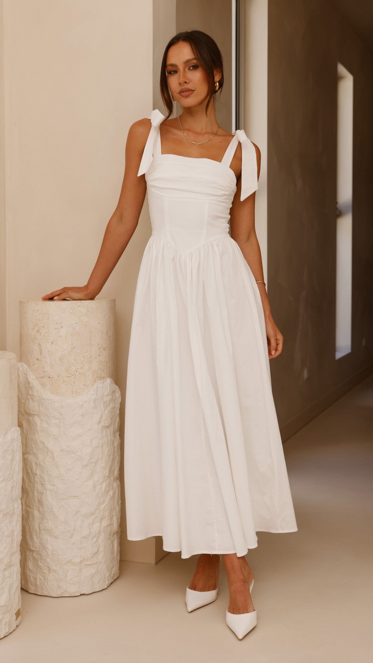 HAISLEY | TIE STRAP MIDI DRESS - White