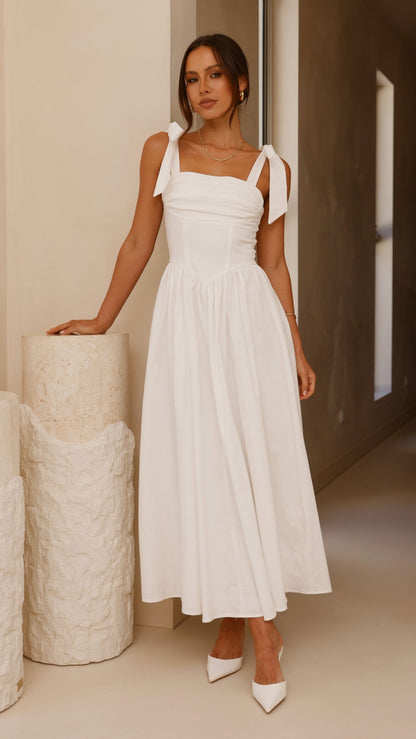 HAISLEY | TIE STRAP MIDI DRESS - White