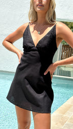 HANNA | V-NECK CAMI MINI DRESS - Black