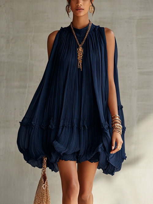 HANNE | PLEATED HALTER BUBBLE MINI DRESS - Navy Blue