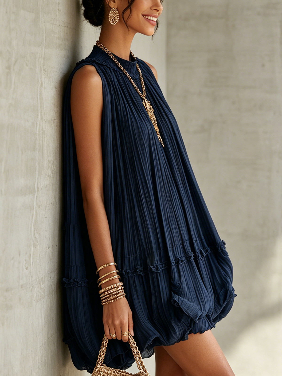 HANNE | PLEATED HALTER BUBBLE MINI DRESS - Navy Blue