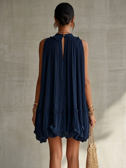 HANNE | PLEATED HALTER BUBBLE MINI DRESS - Navy Blue