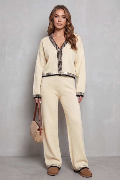 HARTLEY | CONTRAST TRIM KNIT LOUNGEWEAR SET - Ivory