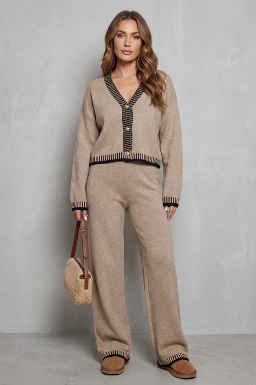 HARTLEY | CONTRAST TRIM KNIT LOUNGEWEAR SET - Khaki
