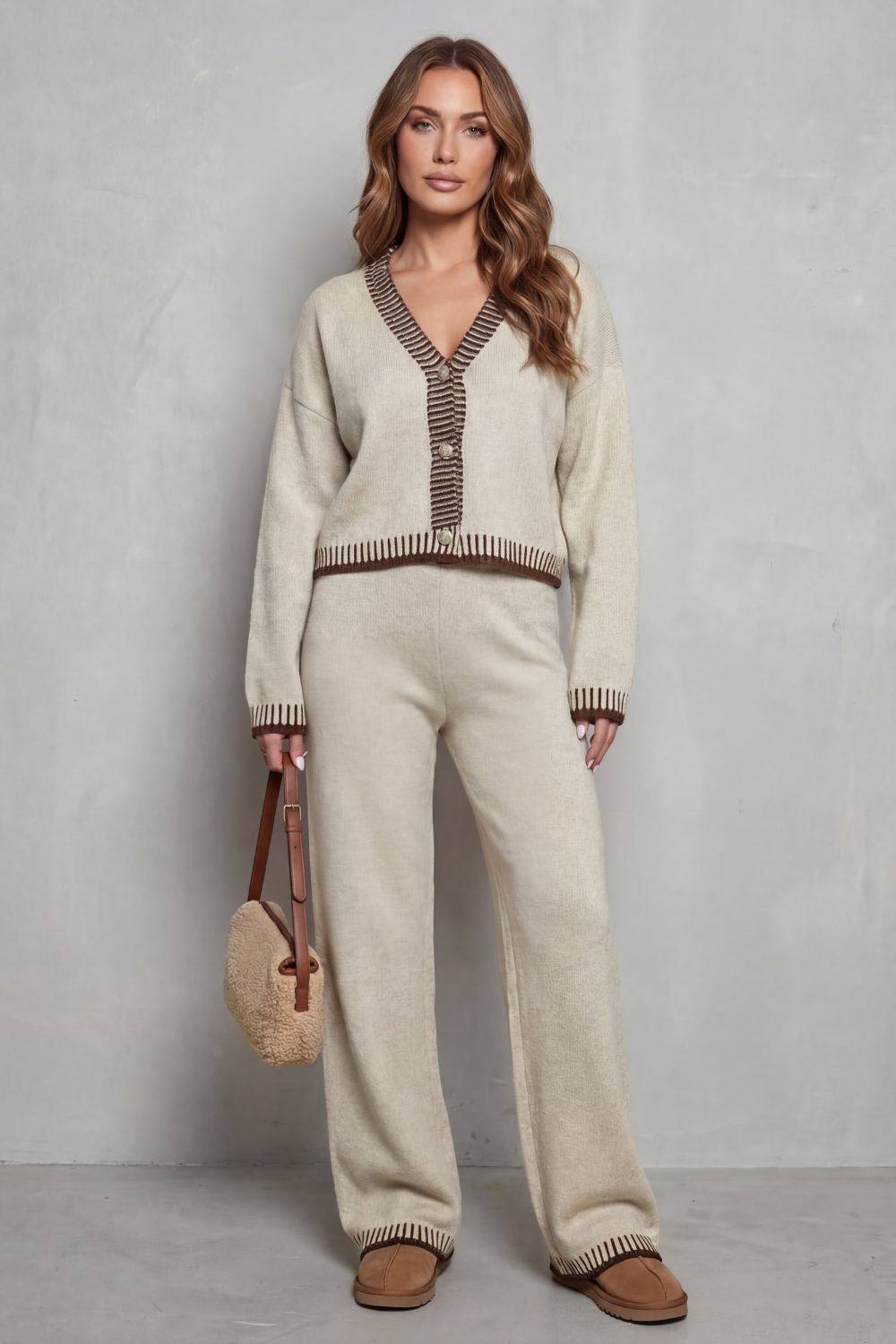 HARTLEY | CONTRAST TRIM KNIT LOUNGEWEAR SET - Oatmeal