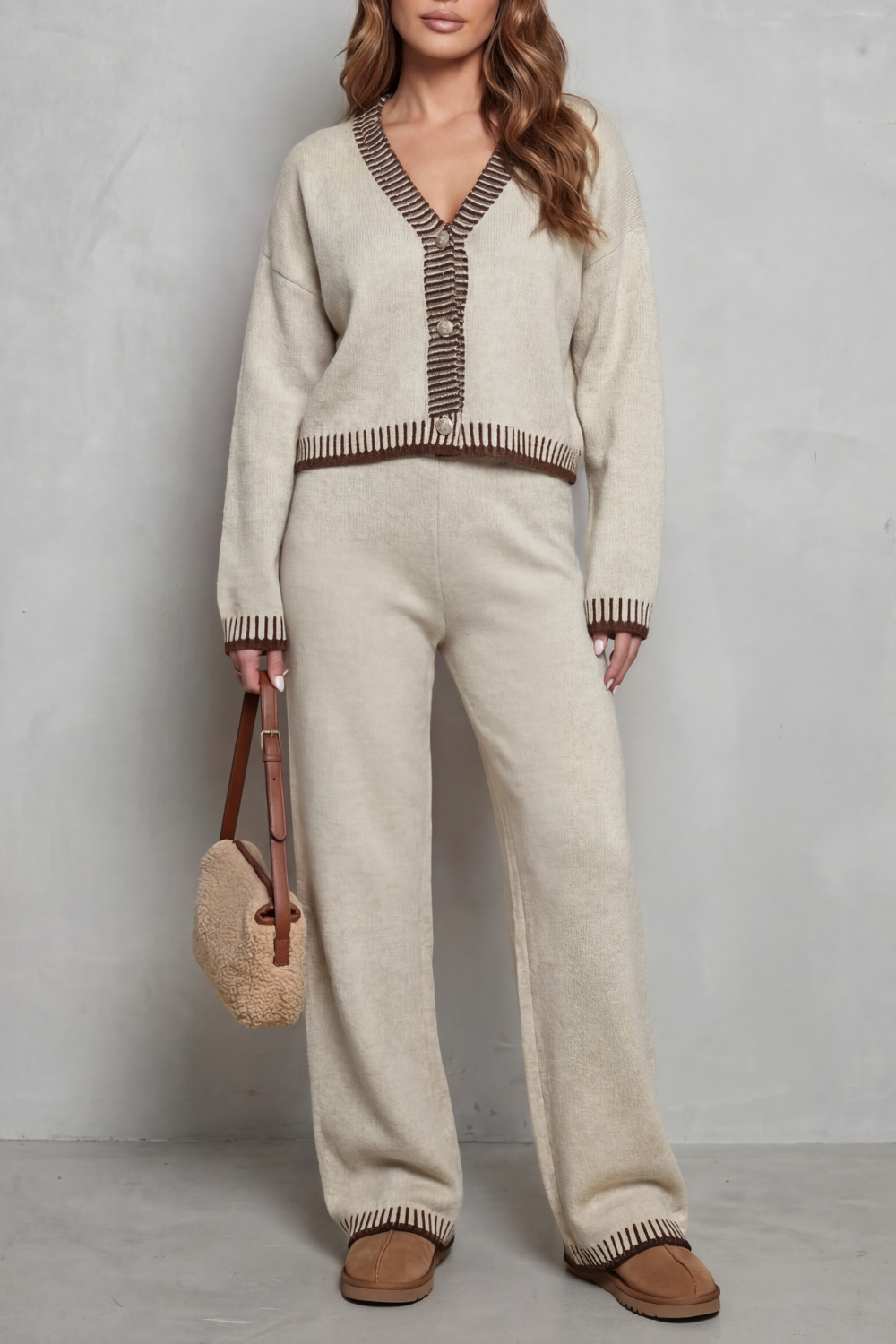 HARTLEY | CONTRAST TRIM KNIT LOUNGEWEAR SET - Oatmeal